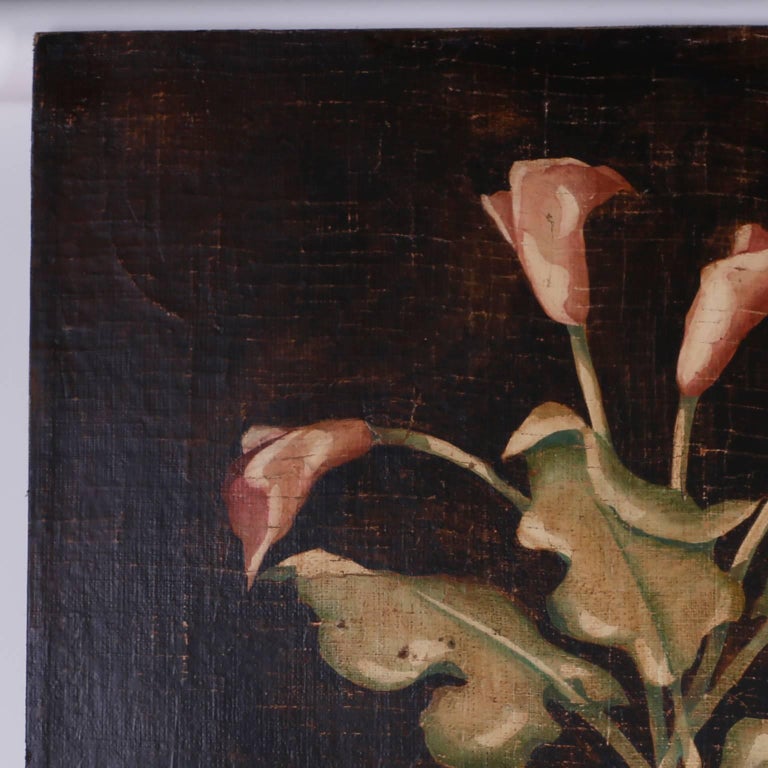A very large oil painting on burlap of lilies in a planter, executed in the ancient fresco style with a quiet simplicity that evokes a sense of serenity. Signed Jacques Lamy in the lower right.