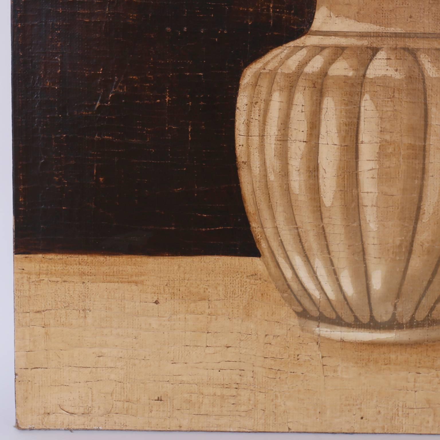 Pintura al óleo sobre arpillera de flores de lirio siglo XX en venta