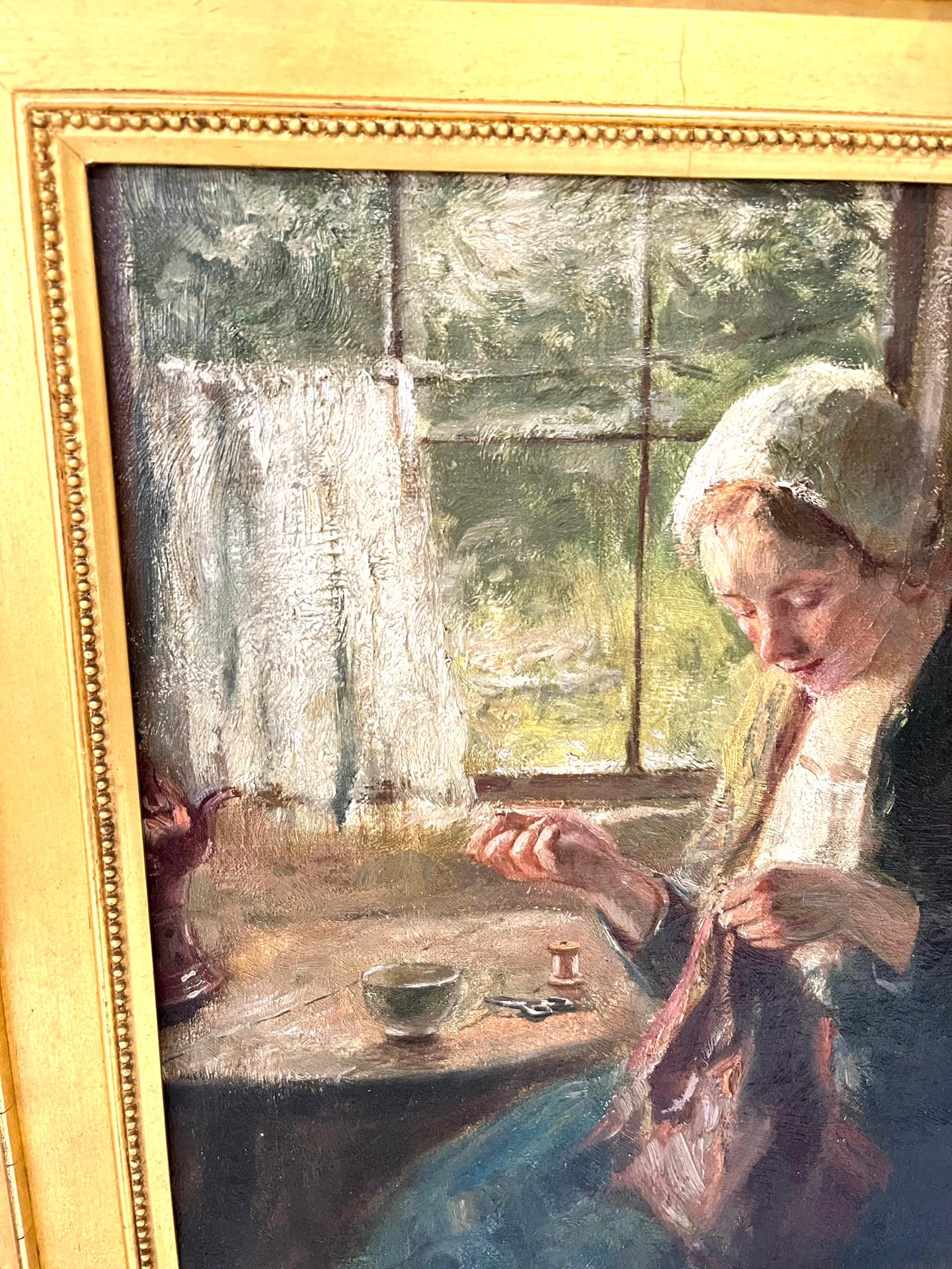 Oiled Oil Painting on Canevas, circa 1920-30, Female Character Sewing For Sale