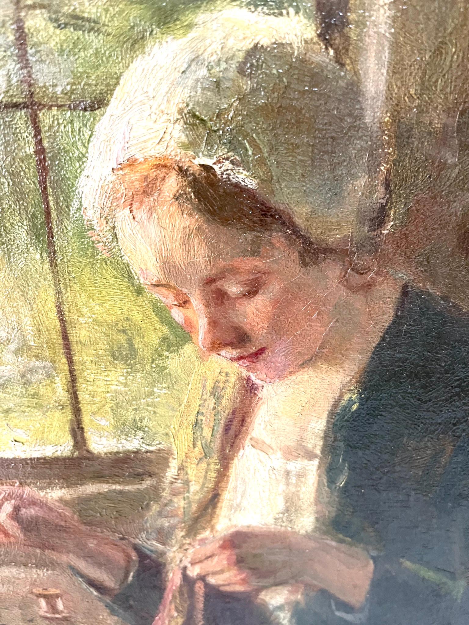 Tela Pittura a olio su canape, 1920-30 circa, personaggio femminile che cuce in vendita