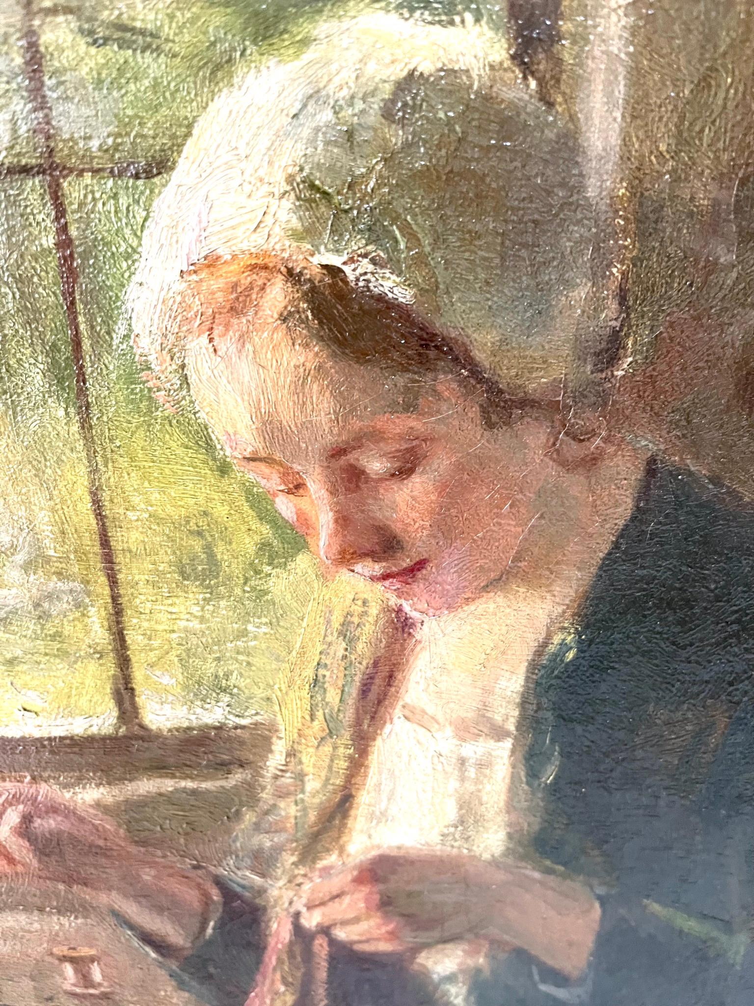 Canvas Oil Painting on Canevas, circa 1920-30, Female Character Sewing For Sale