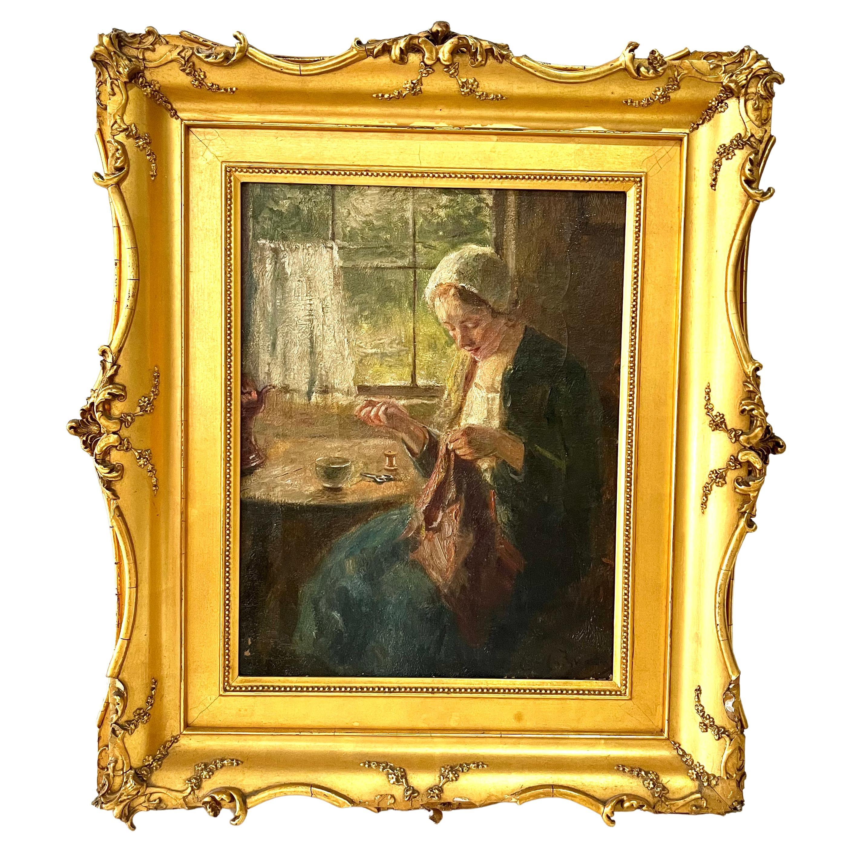 Oil Painting on Canevas, circa 1920-30, Female Character Sewing For Sale