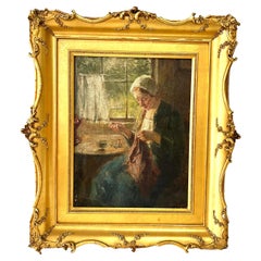 Oil Painting on Canevas, circa 1920-30, Female Character Sewing