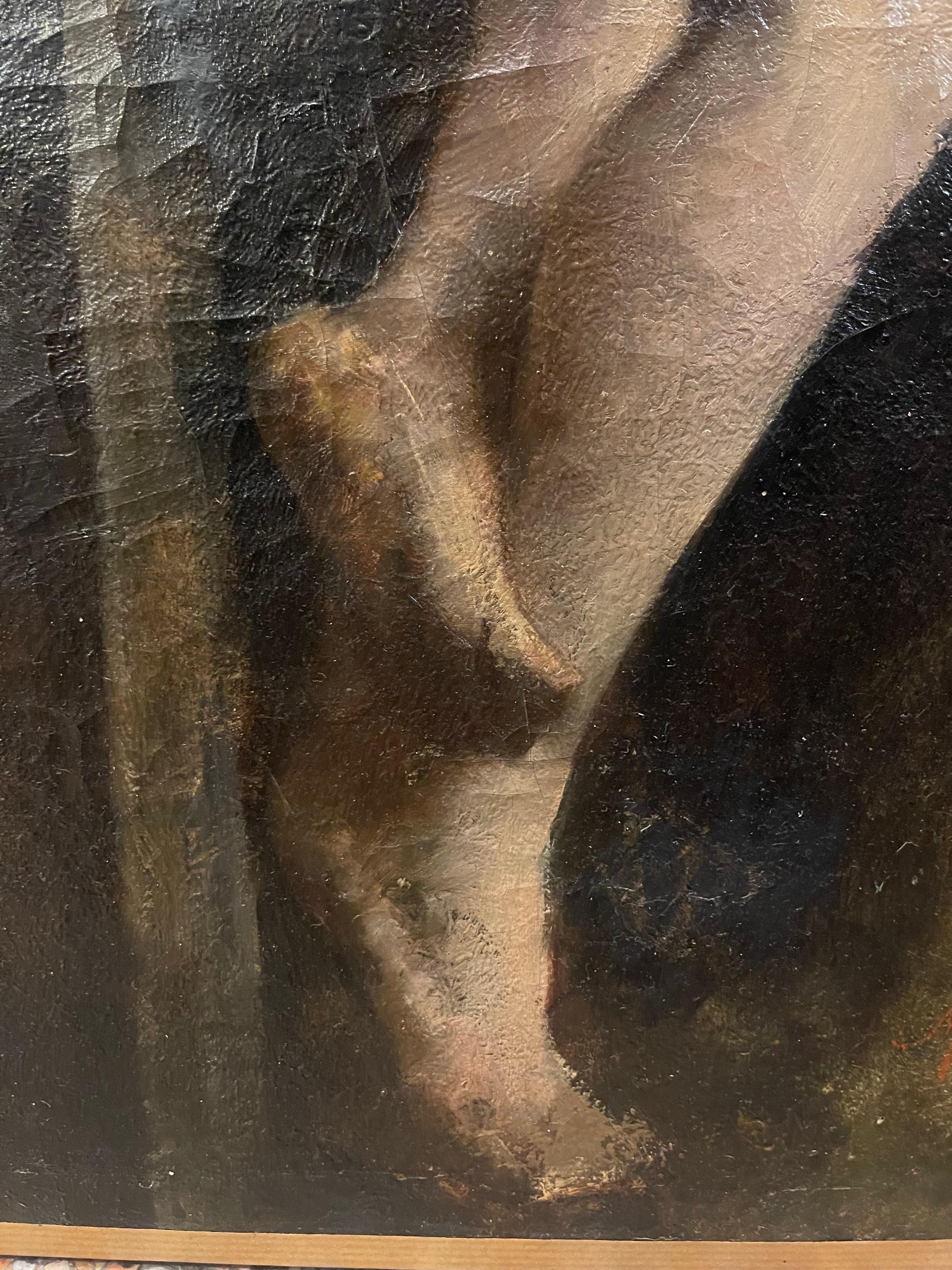 Oil painting on canvas 
academic nude woman late 19th France sign Migner
Elegant representation of a naked woman on a base. The color of his light skin contrasts with the dark background. Shadows and shades follow the shapes of the silhouette. The