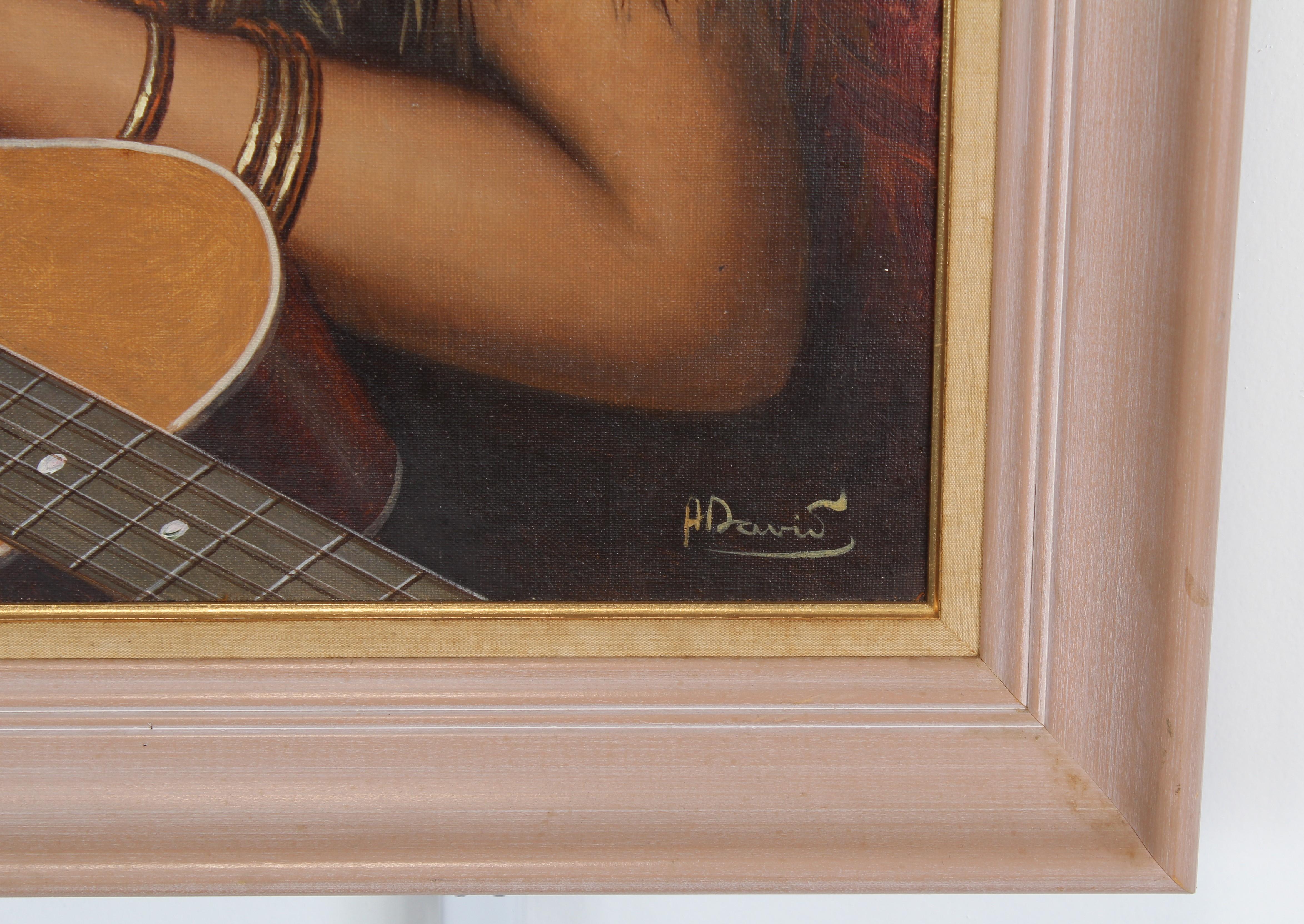 Oil painting of Gypsy Woman with Guitar by Hungarian artist, Andras David. The painting is on canvas attached to a board. A wonderful rendition of a beautiful Gypsy woman signed 