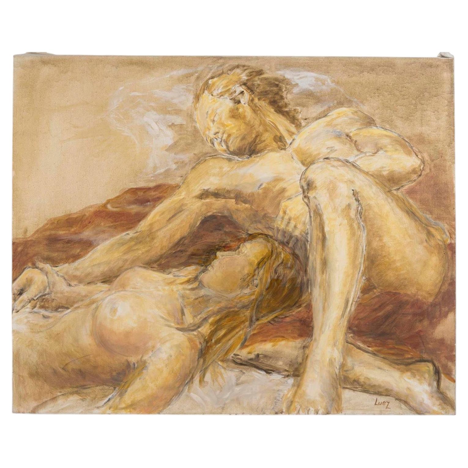 Peinture à l'huile sur toile d'Evelyne Luez, représentant un homme et une femme allongés.
