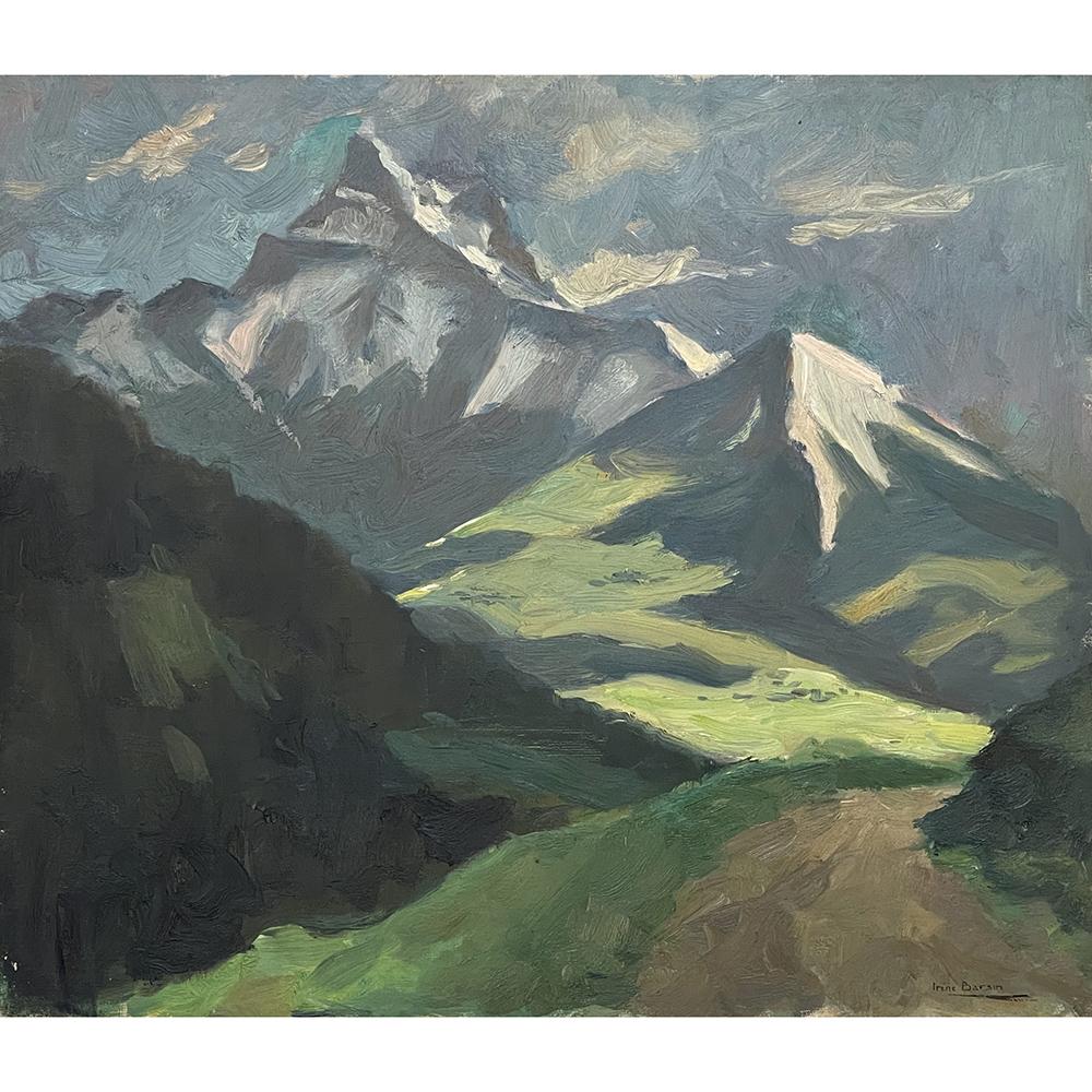 Oil painting on canvas by Irene Barsin (1917-2004) depicts an intriguing mountain crest that is part of the Alpine range known locally as 