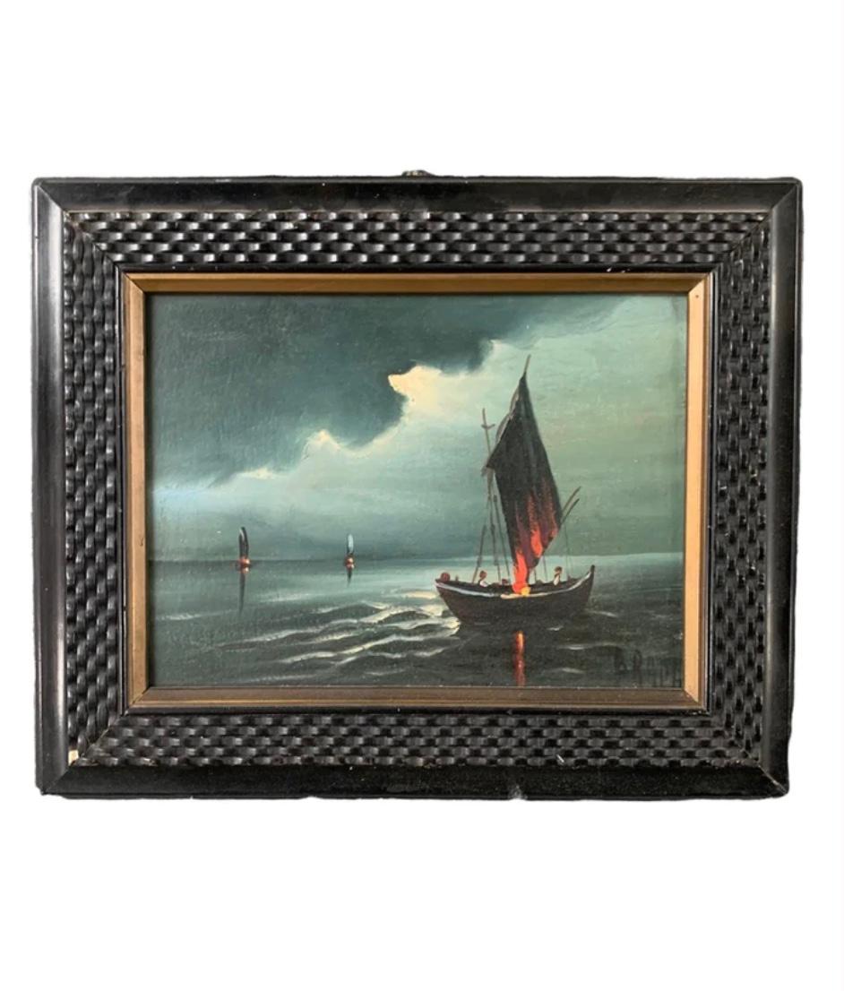Art Deco Oil Painting on Canvas by Radi of a Navy from the 1940s For Sale