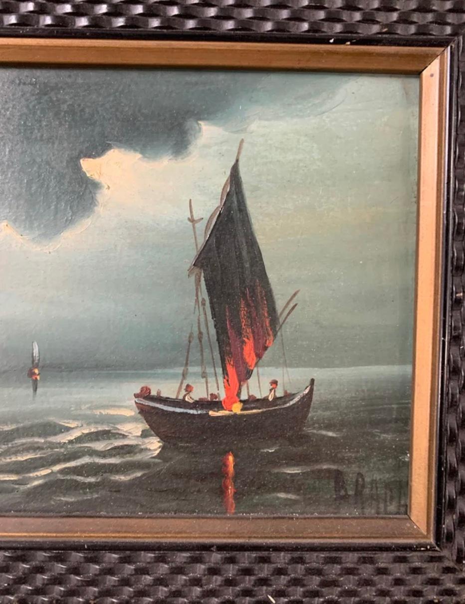 italien Peinture à l'huile sur toile de Radi représentant une marine des années 1940