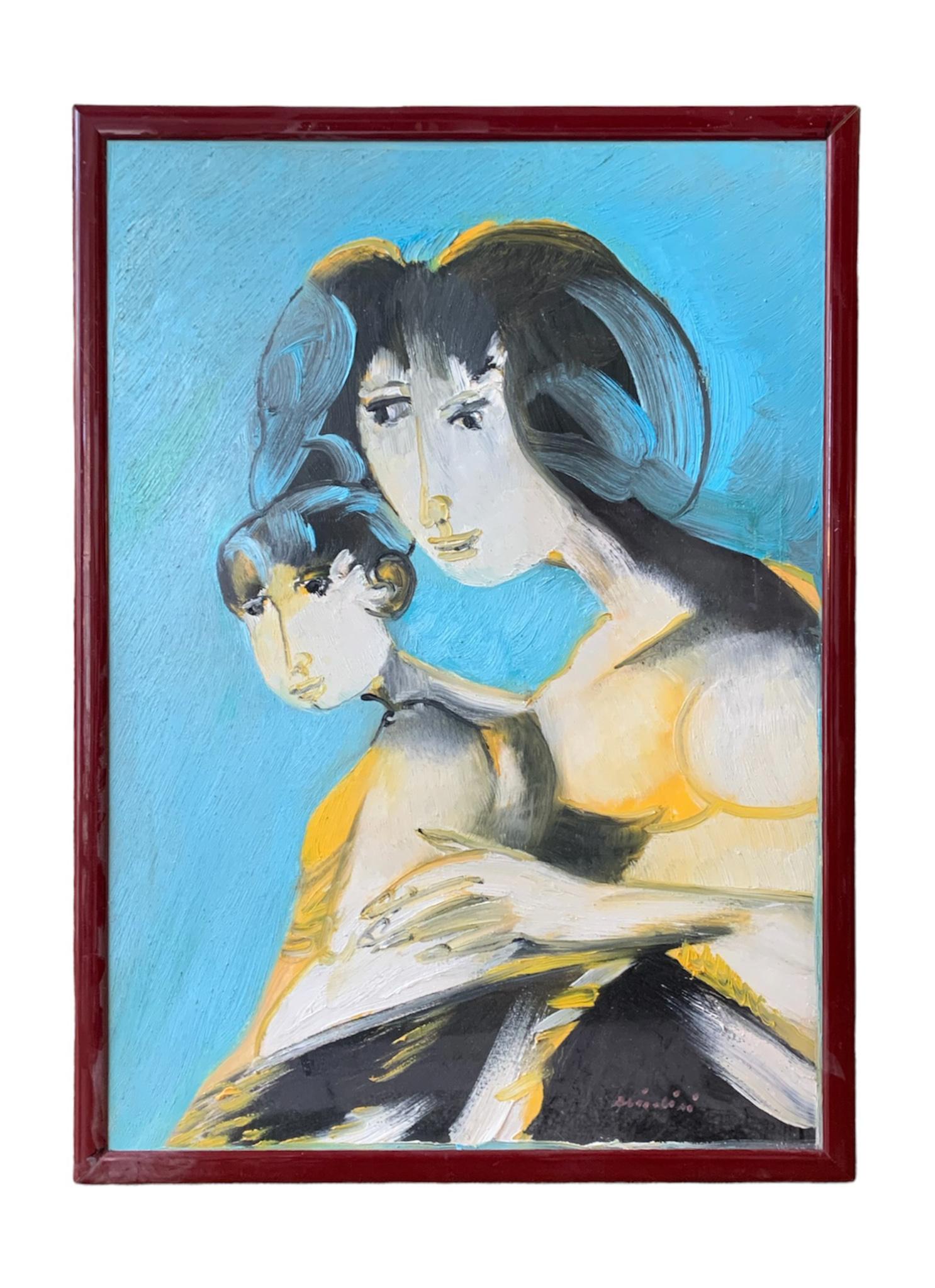 Mid-Century Modern Oil Painting on Canvas by Remo Brindisi of Maternity from 1970s For Sale