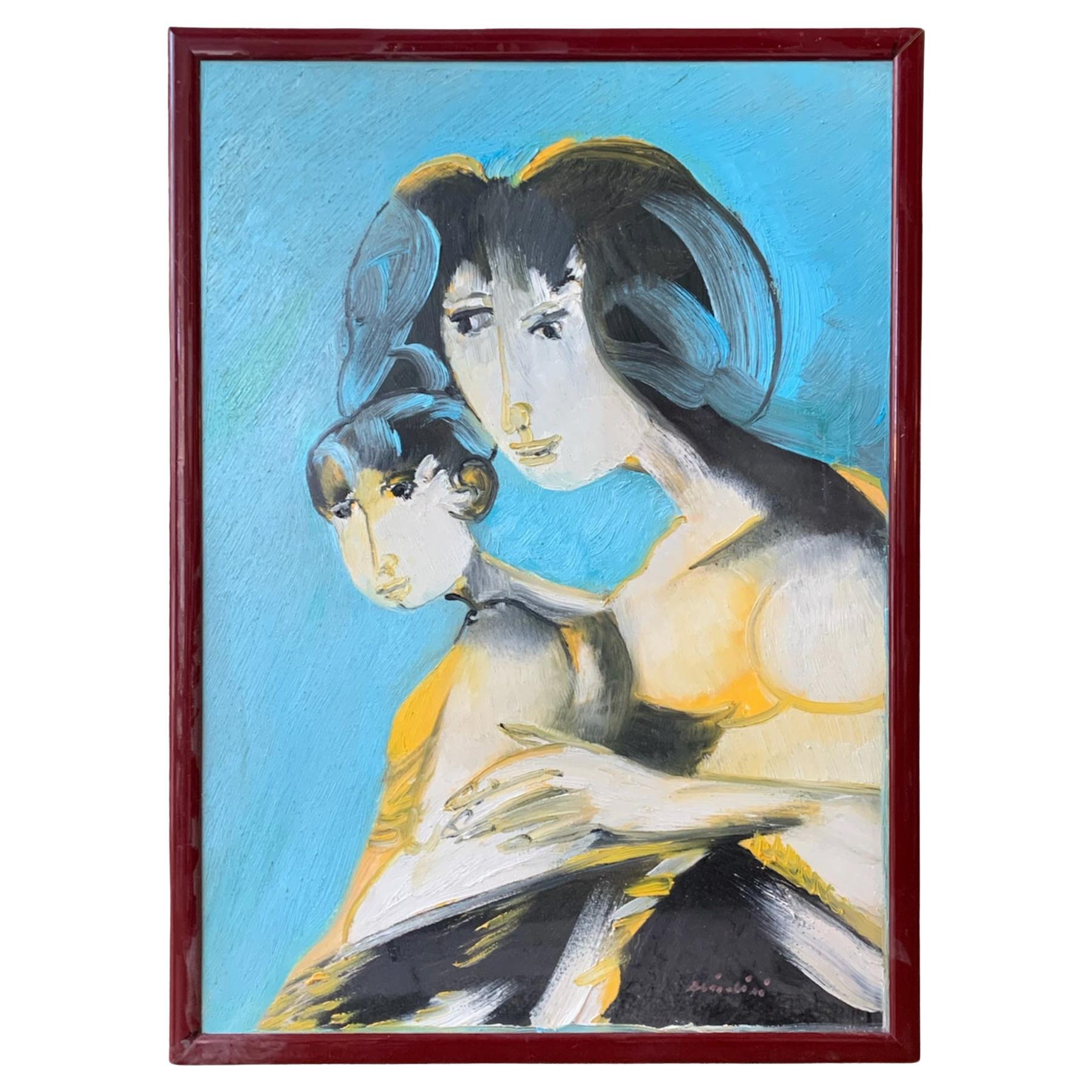 Peinture à l'huile sur toile de Remo Brindisi représentant la maternité, années 1970