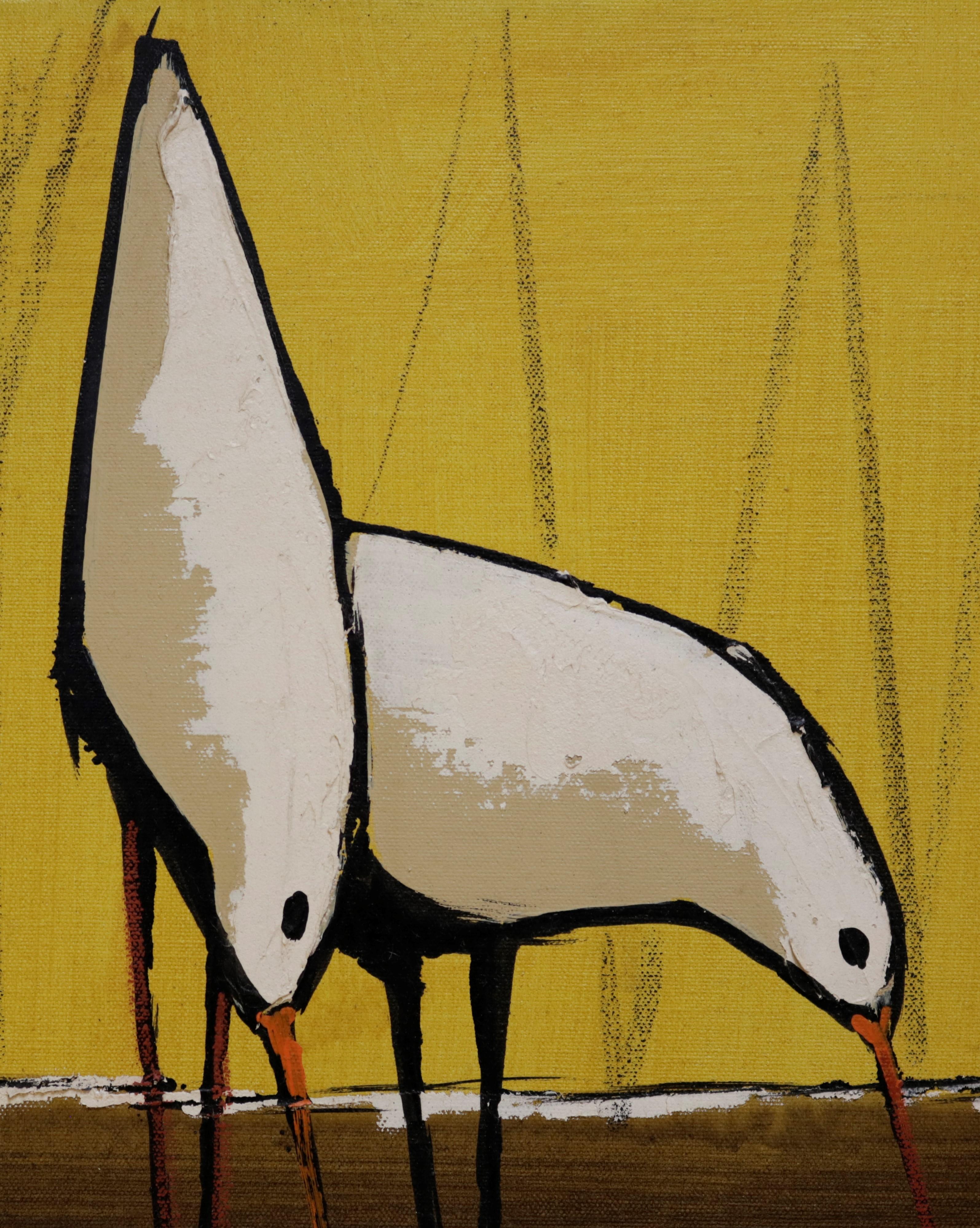 Signed painting of seabirds by midcentury artist Robert McCaine.

A very prolific artist in the 1960s and 1970s in Palm Springs, CA, McCaine's paintings are very colorful, whimsical, and timeless scenes, using bold yellow, red and greens.