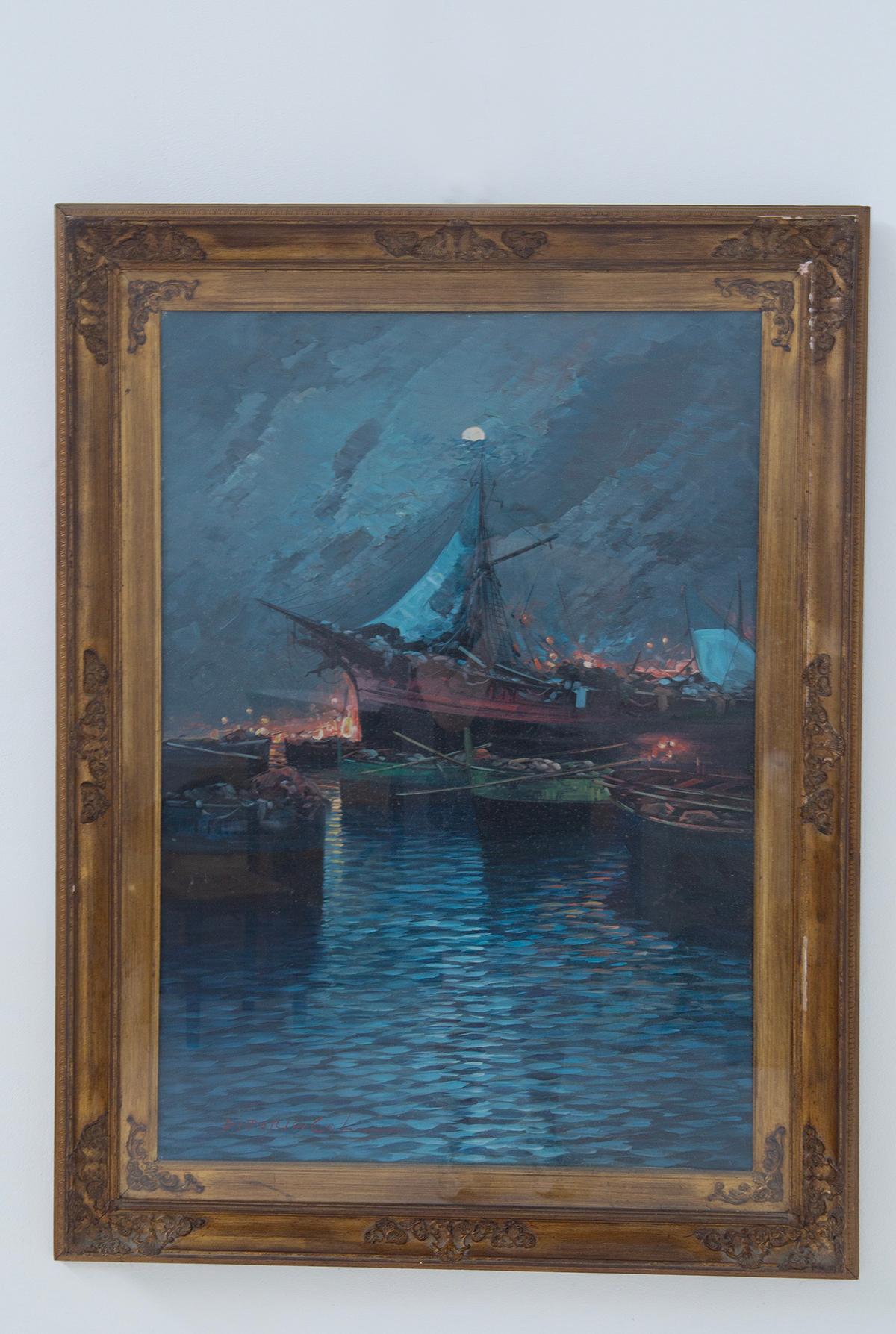 Dieses stimmungsvolle Gemälde mit dem Titel Lampare stammt von Vittorio Colucci, einem Künstler, der für seine Fähigkeit bekannt ist, mediterrane Emotionen und Landschaften in intensive und kontemplative Bildvisionen umzusetzen. Auf diesem Gemälde