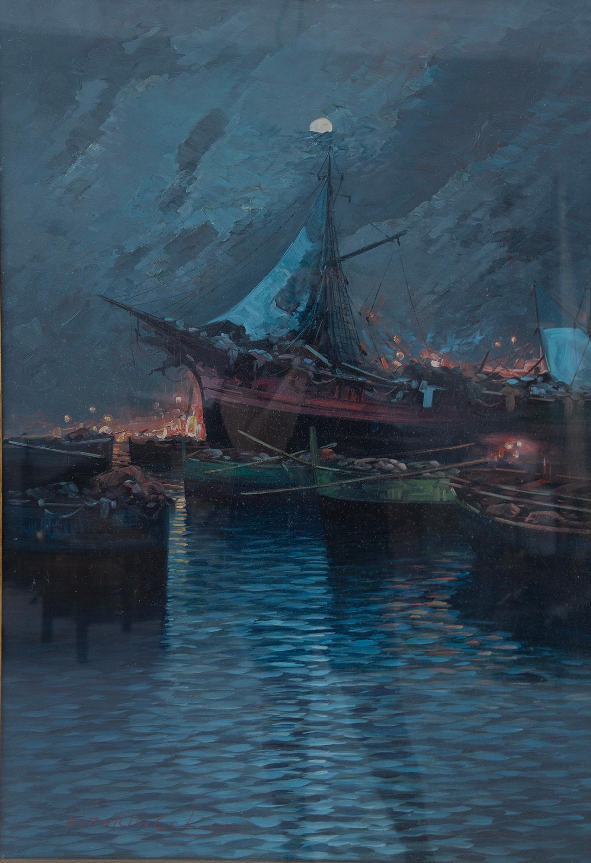 Ölgemälde auf Leinwand von Vittorio Colucci, Titel: Lampare. signiert im Zustand „Gut“ im Angebot in Milano, IT
