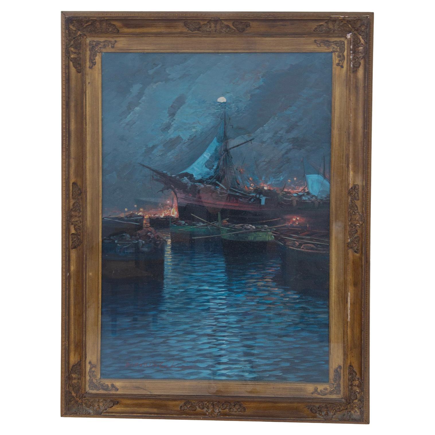 Ölgemälde auf Leinwand von Vittorio Colucci, Titel: Lampare. signiert im Angebot