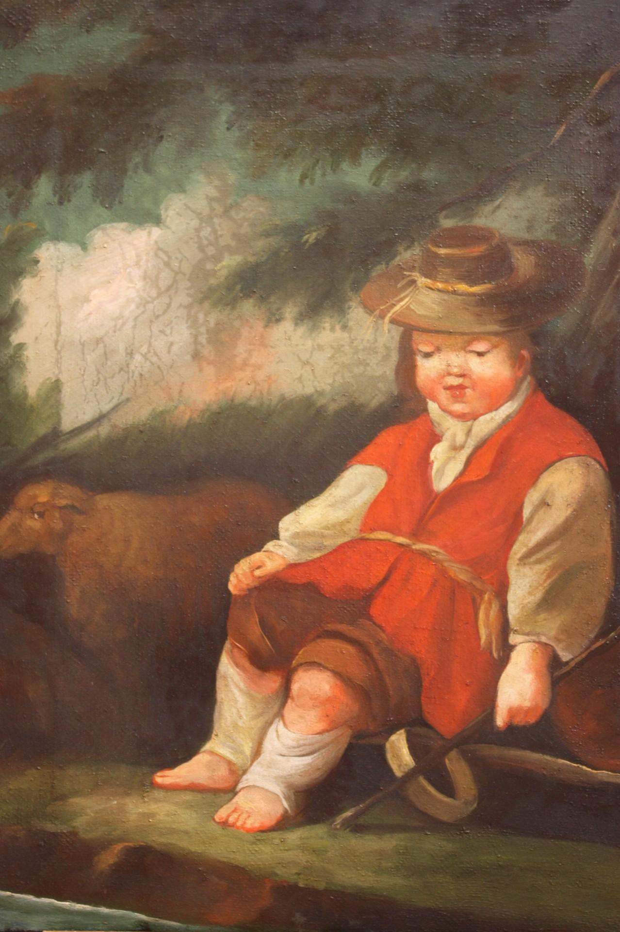 Oil Painting on Canvas Child with Sheep, 20th Century For Sale 5