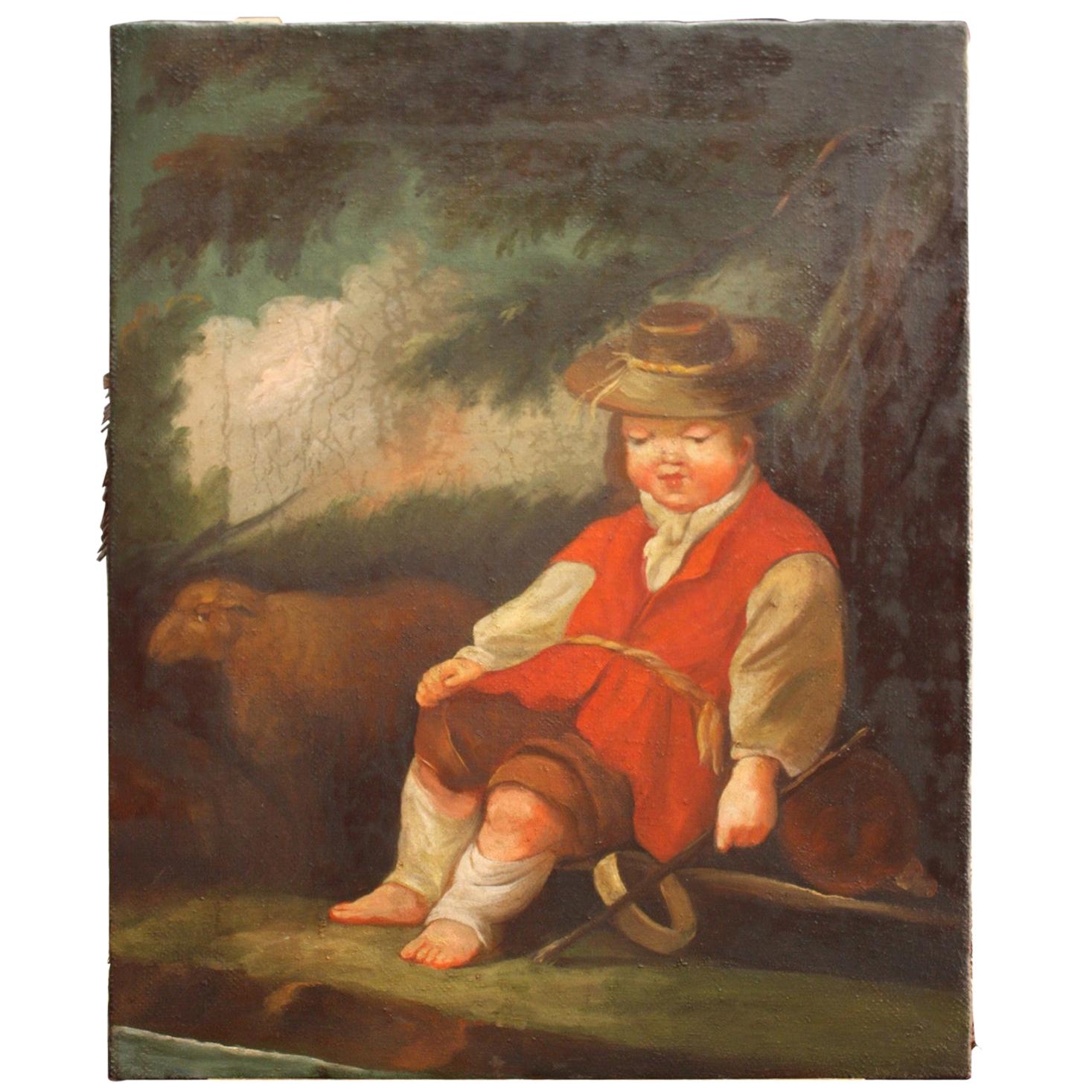 Oil Painting on Canvas Child with Sheep, 20th Century For Sale