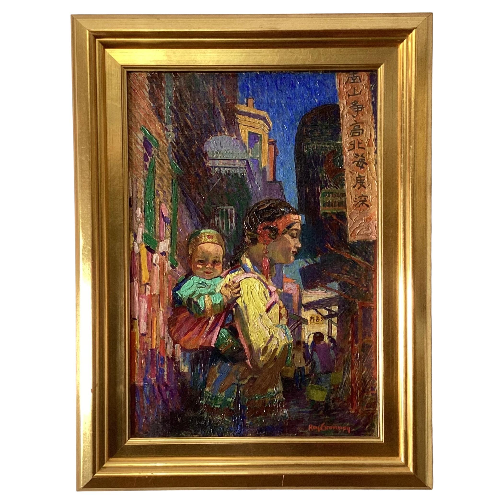 Pittura a olio su tela "Chinatown" di Roy Grossman (1886-1960)