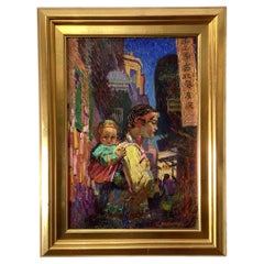 Pintura al óleo sobre lienzo "Chinatown" de Roy Grossman (1886-1960)