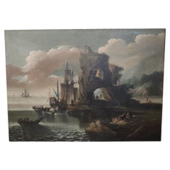 Oil Painting on Canvas Coastal Scene with Galleons, 18th century