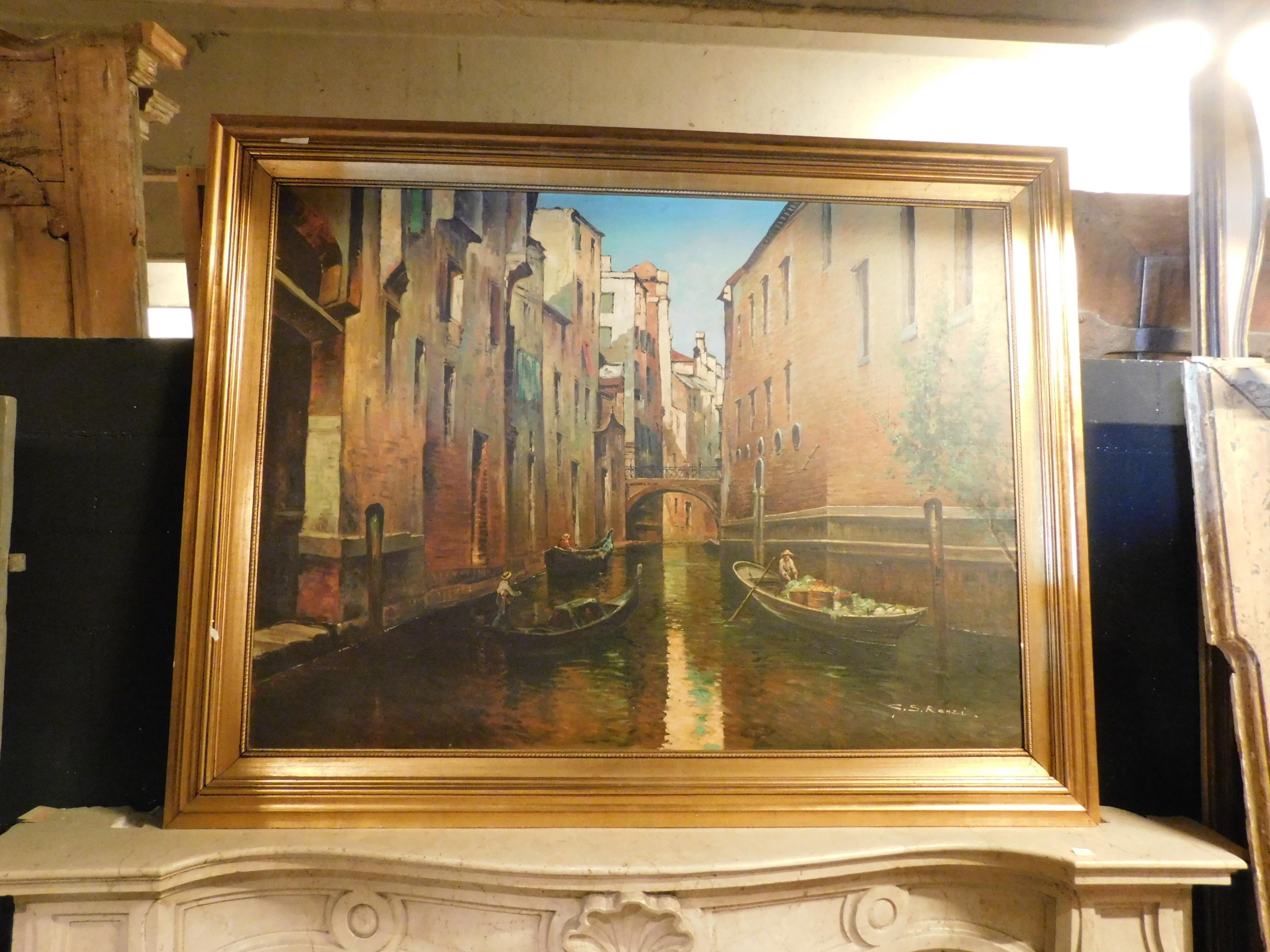 Ölgemälde auf Leinwand, das eine Ansicht von Venedig zeigt, mit geschnitztem und vergoldetem Holzrahmen, Leinwand signiert G. S. Renzi, hergestellt um 1950 in Italien.
maße cm B 184 x H 145 x T 3.