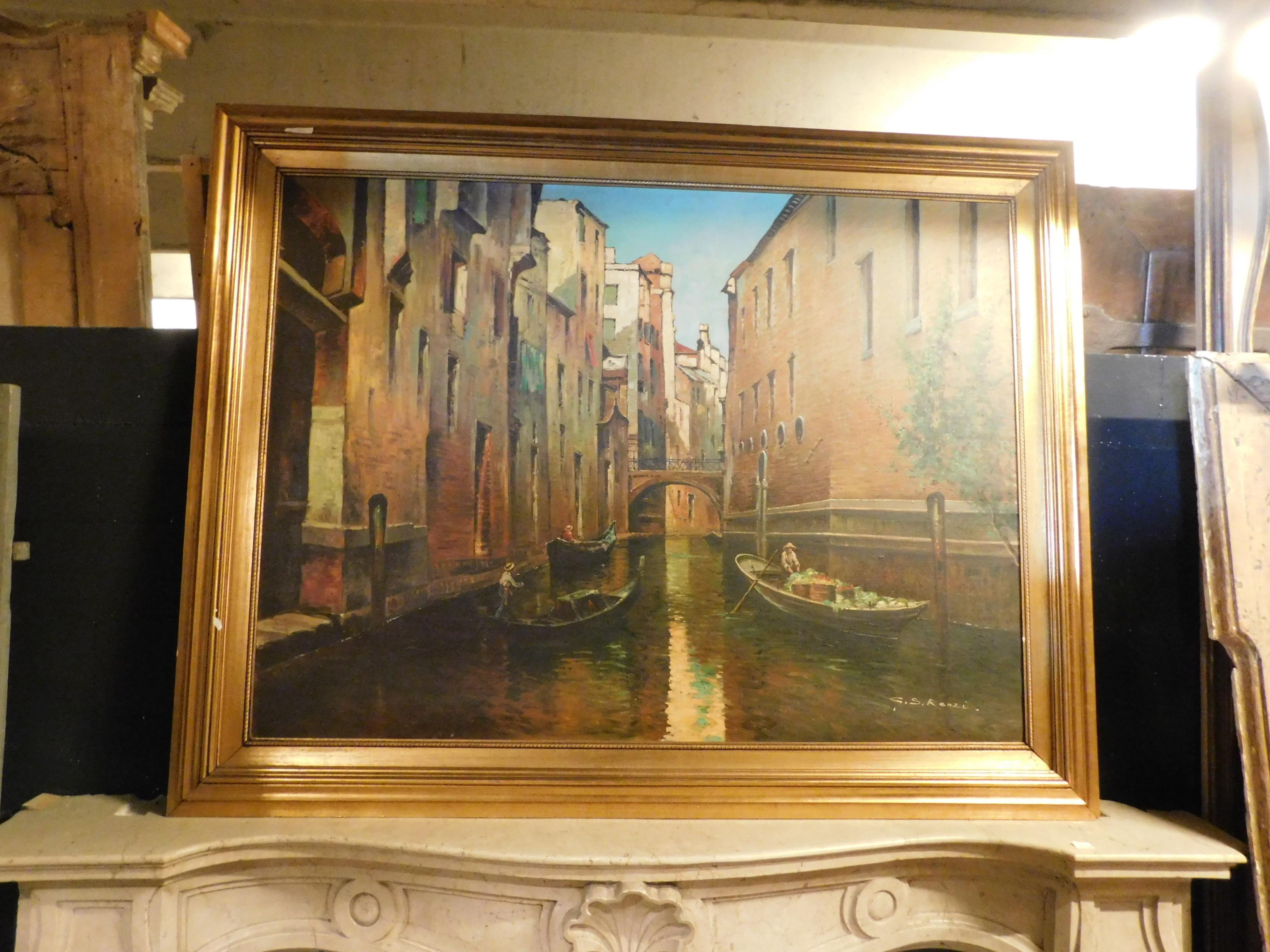 Ölgemälde auf Leinwand, Darstellung einer Ansicht von Venedig mit goldenem Rahmen, 1950 (Italienisch)