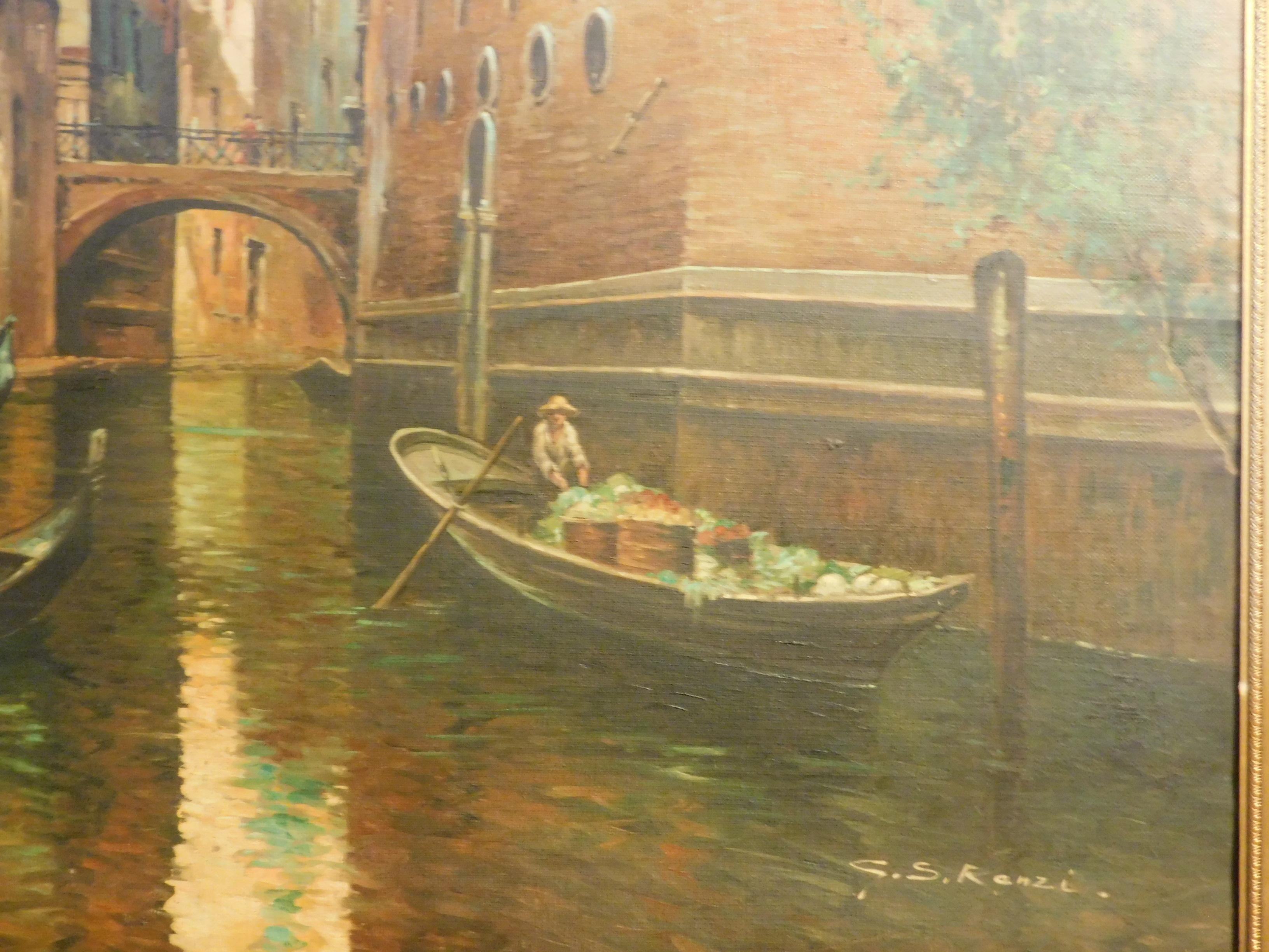 Italian Oil Painting on Canvas Depicting a View of Venice with a Golden Frame, 1950