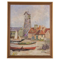 Oil Painting on Canvas Depicting Dragør Harbour by B. Tandberg