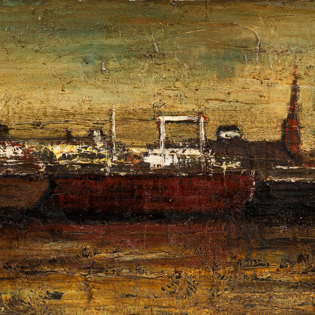Late 19th-century Belgian oil painting of an industrial Antwerp port mounted in a thin wooden frame. A moody vista of three docked ships at sunset with an industrial cityscape just beyond, rising in a haze of smoky charcoal browns and creamy burnt