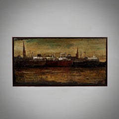 Ölgemälde auf Leinwand mit einer Darstellung des Hafens von Antwerpen im Rahmen
