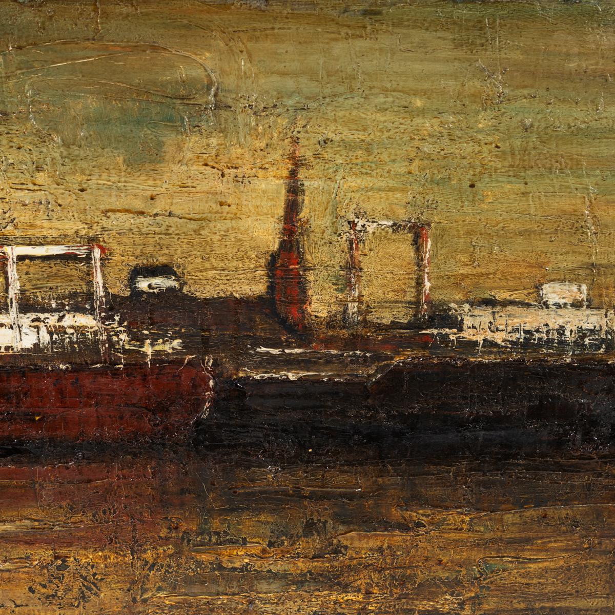 Belge Peinture à l'huile sur toile encadrée représentant le port d'Anvers en vente
