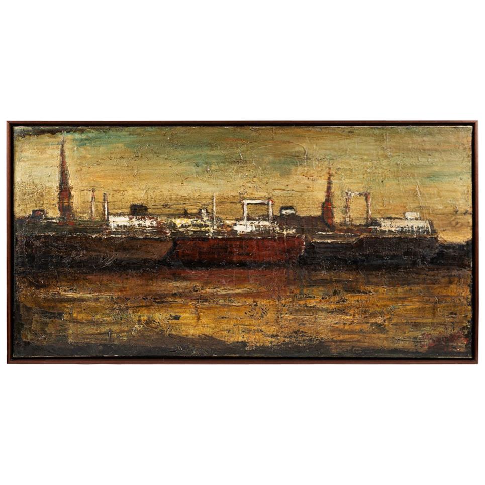 Peinture à l'huile sur toile encadrée représentant le port d'Anvers