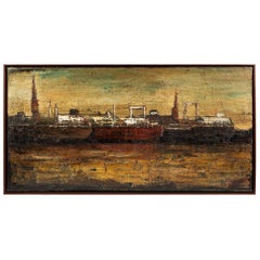 Oil Painting on Canvas Depicting the Port of Antwerp in Frame