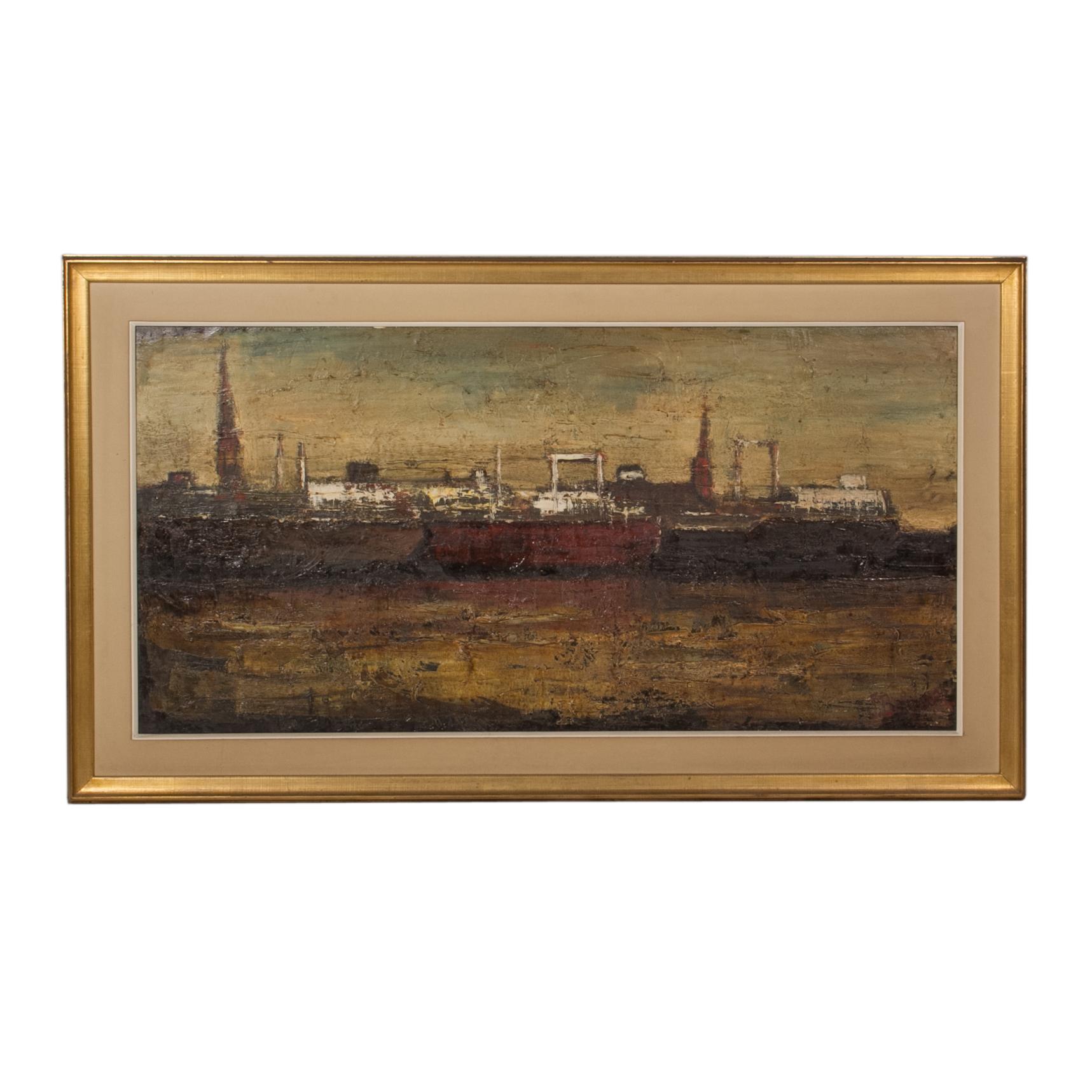 Oil Painting on Canvas Depicting the Port of Antwerp in Frame