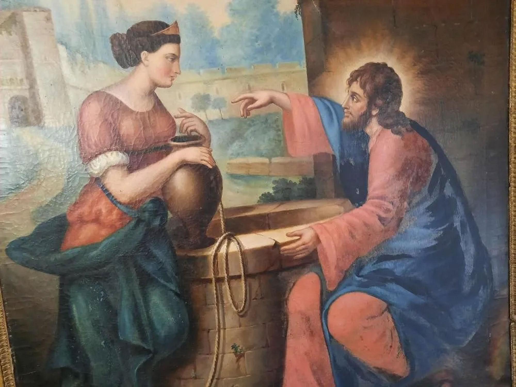 Samaritaine au puits. Peinture à l'huile sur toile, dimensions H111,5 cm x 94cm Début du 19e siècle. 