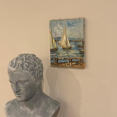 Peinture à l'huile sur toile représentant une scène portuaire avec des bateaux sur l'eau, signée