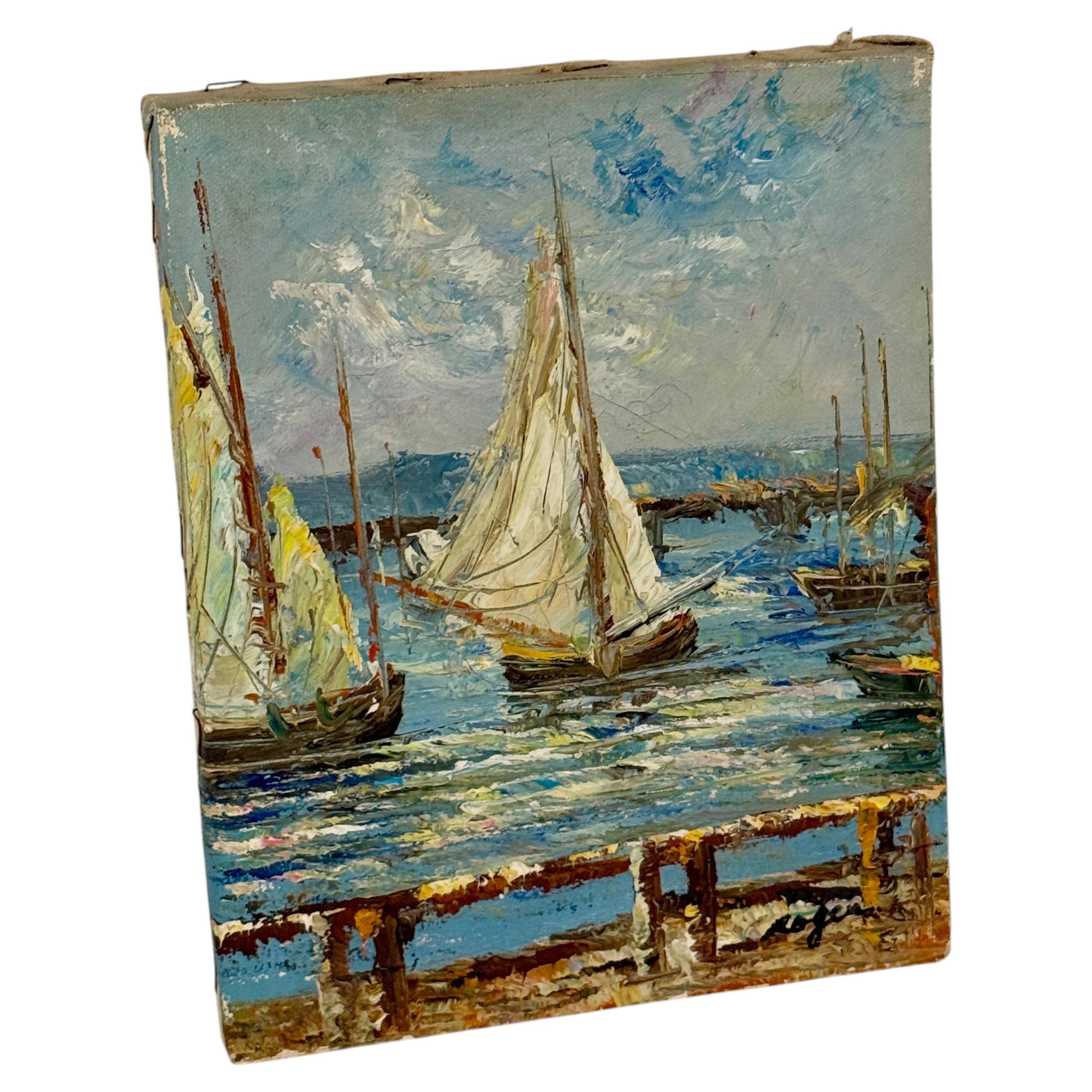 Peinture à l'huile sur toile représentant une scène portuaire avec des bateaux sur l'eau, signée