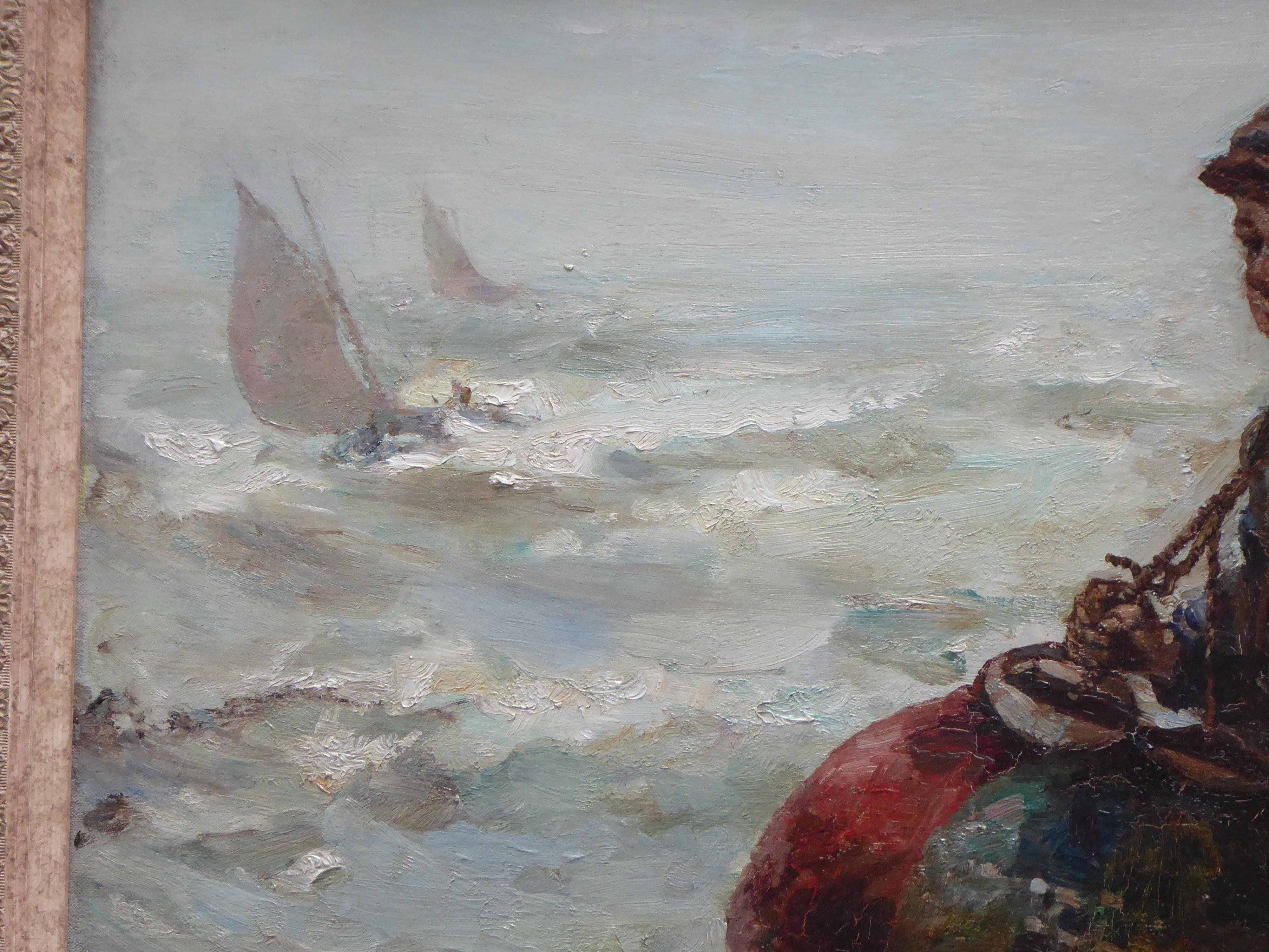 Fishing  scenes depicting a fisherman homeward bound.  This painting shows the fisher boy returning with his catch in the creels and carring the buoys and ropes,  he is so heavily laden yet a contentment on his face , also depicting sailing craft