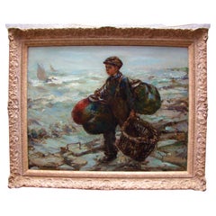 Antique Oil Painting on Canvas, Homeward Bound with Creel and Catch, Seascape