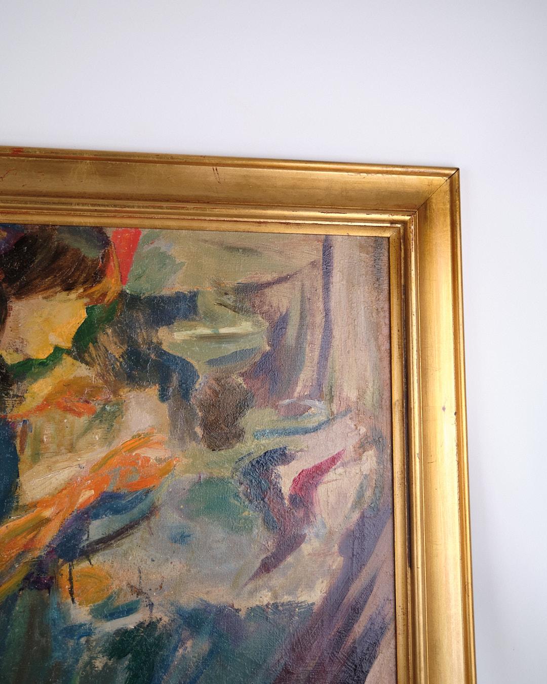 Mid-Century Modern Oil Painting On Canvas In Gold Frame With Motif Of Woman From 1930s For Sale