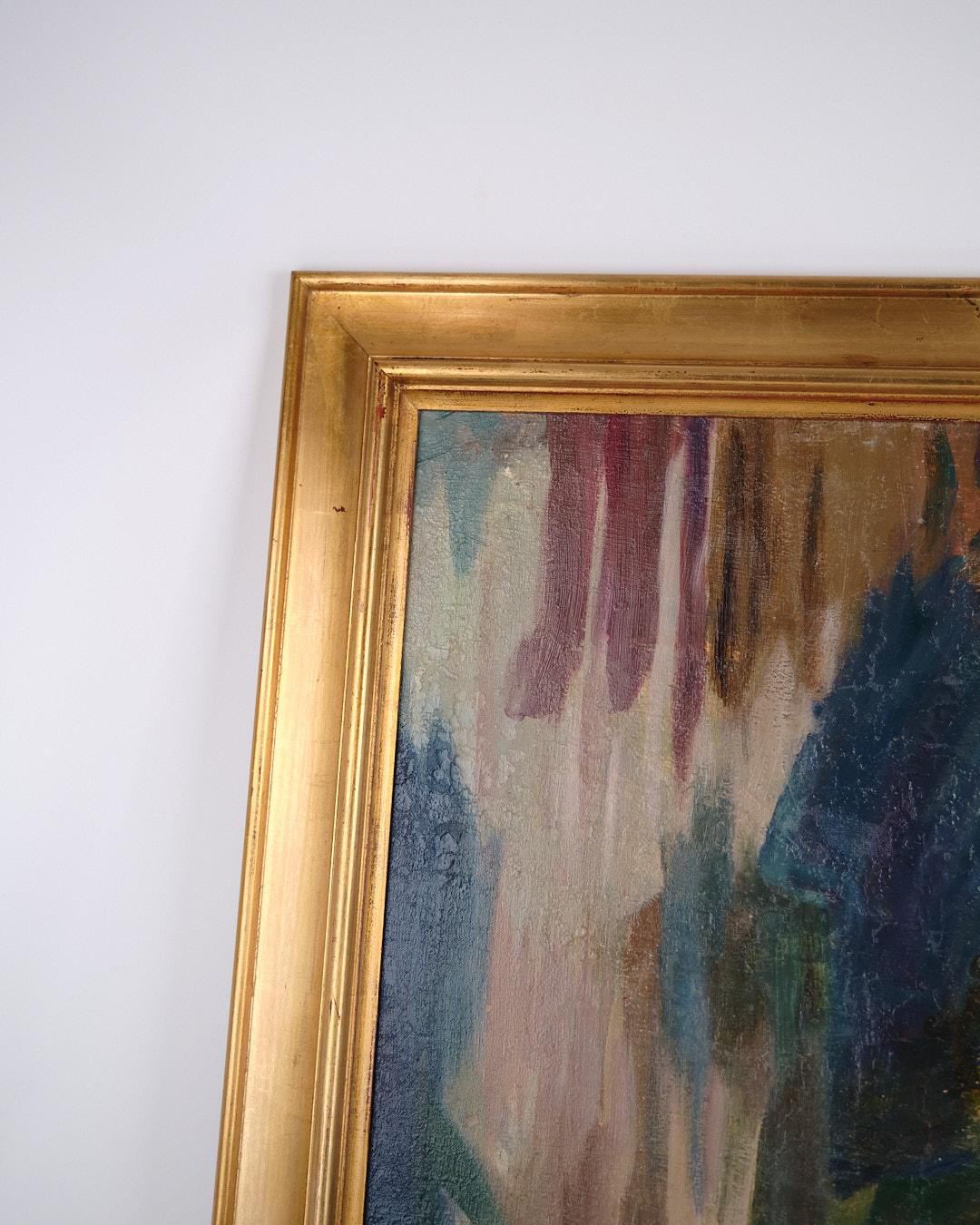 European Oil Painting On Canvas In Gold Frame With Motif Of Woman From 1930s For Sale