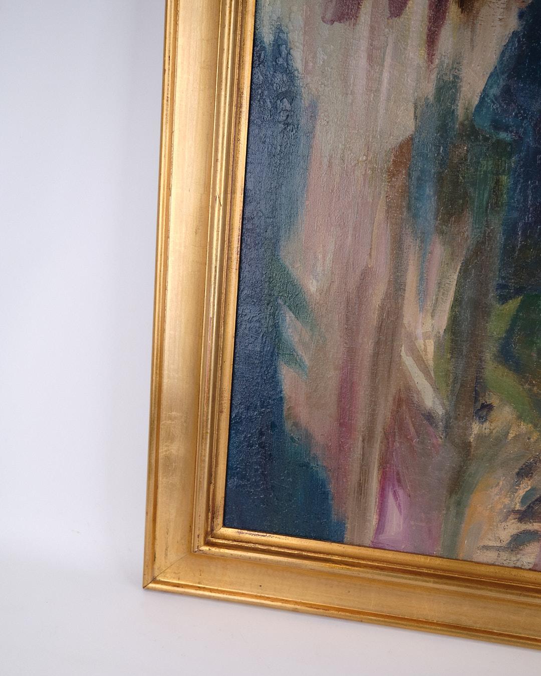 Oil Painting On Canvas In Gold Frame With Motif Of Woman From 1930s In Good Condition For Sale In Lejre, DK