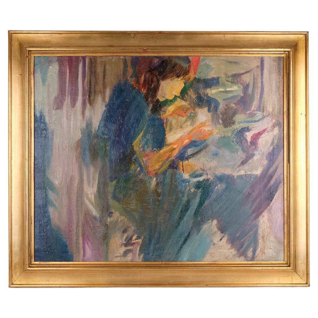 Oil Painting On Canvas In Gold Frame With Motif Of Woman From 1930s For Sale