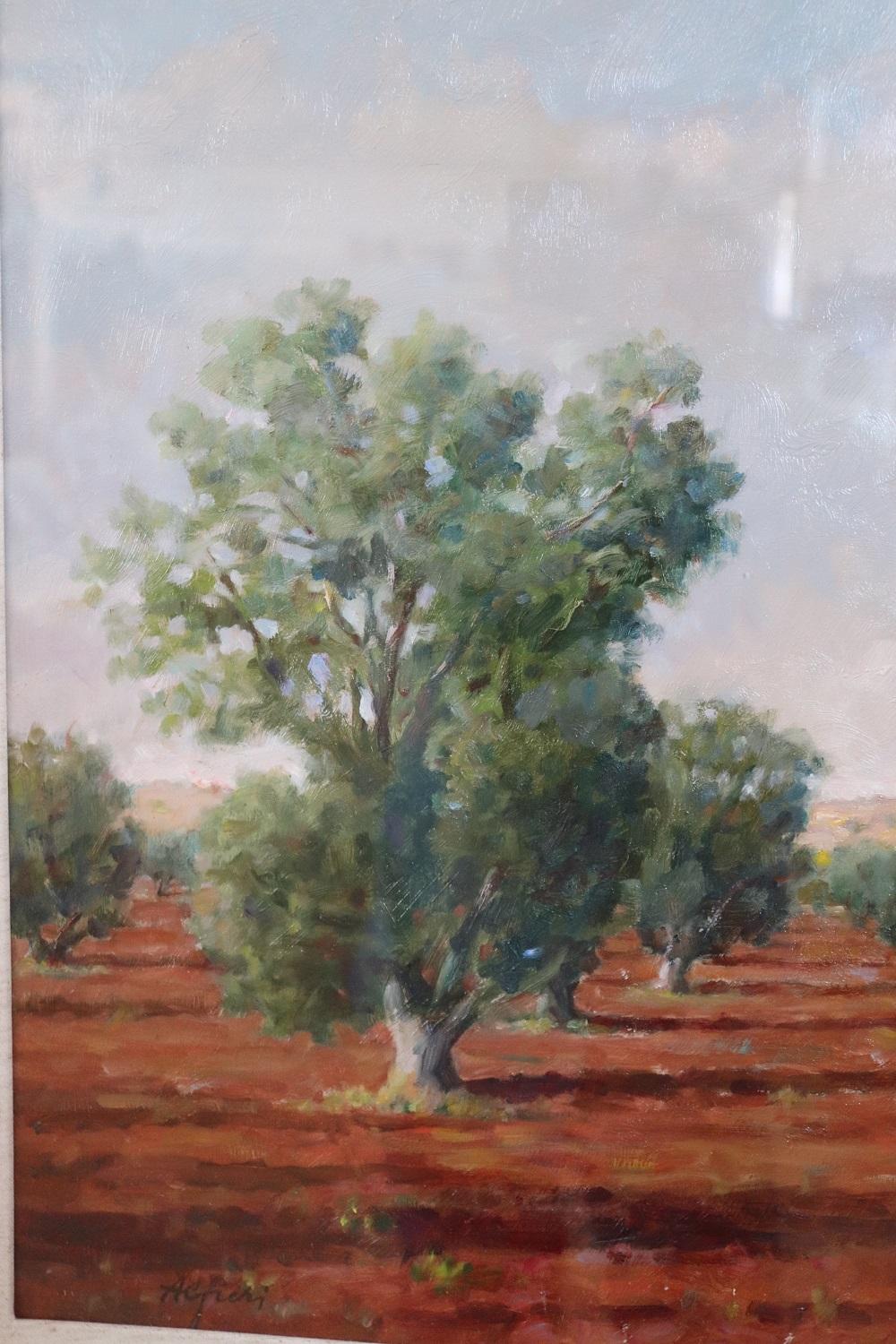 Oiled Oil Painting on Canvas Italian Landscape with Olive Trees, Signed, 1970s For Sale