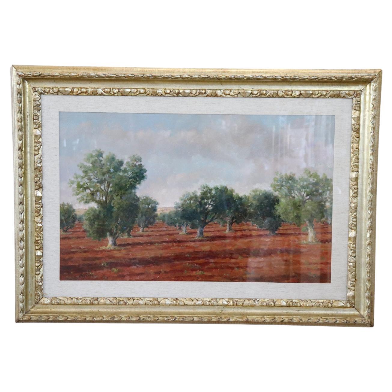 Peinture à l'huile sur toile - Paysage italien avec arbres d'oliviers, signée, 1970 en vente