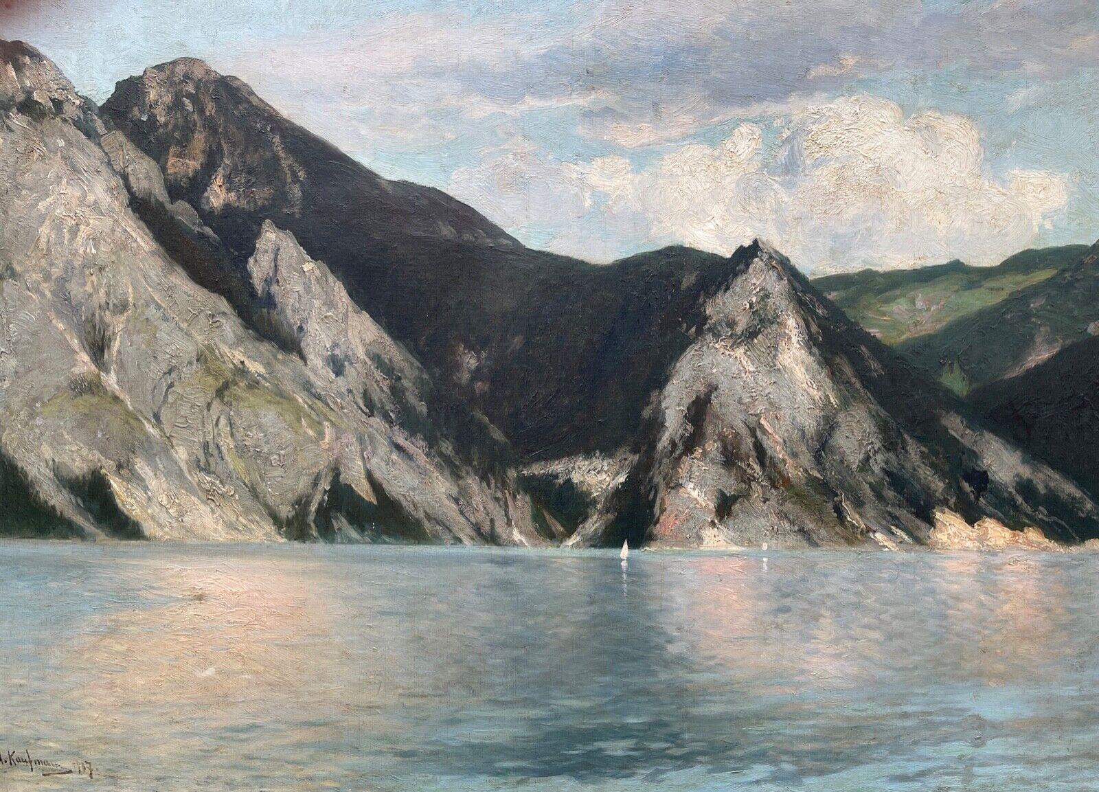 Peinture à l'huile sur toile, Paysage, lac de montagne, réalisée et signée par Adolf Kaufmann, 19e siècle
La peinture lumineuse réalisée avec talent, signée par Adolf Kaufmann (Autriche 1848 - 1916), représente un paysage lacustre entouré de