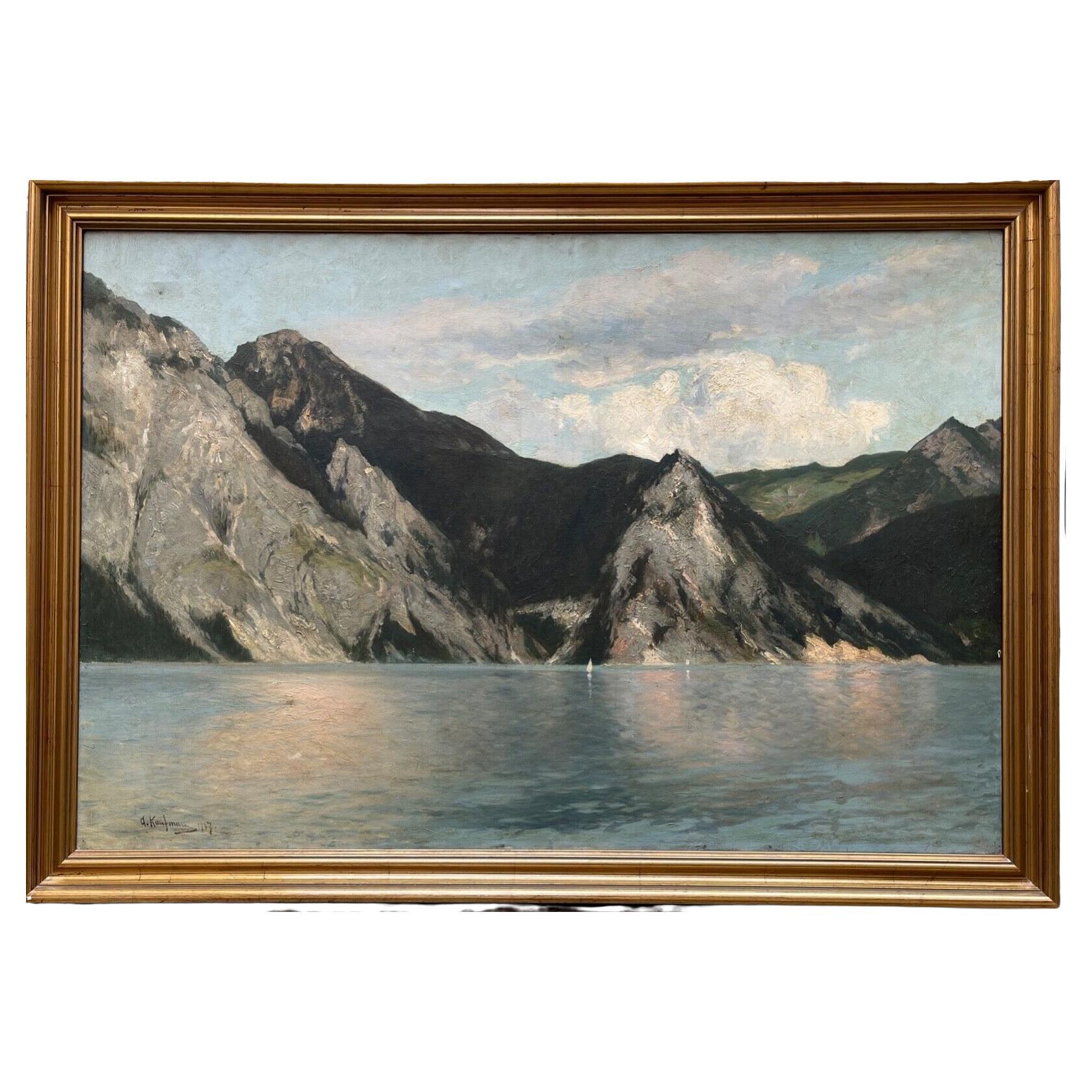 Peinture à l'huile sur toile, paysage, lac de montagne, d'Adolf Kaufmann 19e