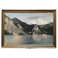 Antique Oil Painting on Canvas, Landscape, Mountain Lake, by Adolf Kaufmann 19th