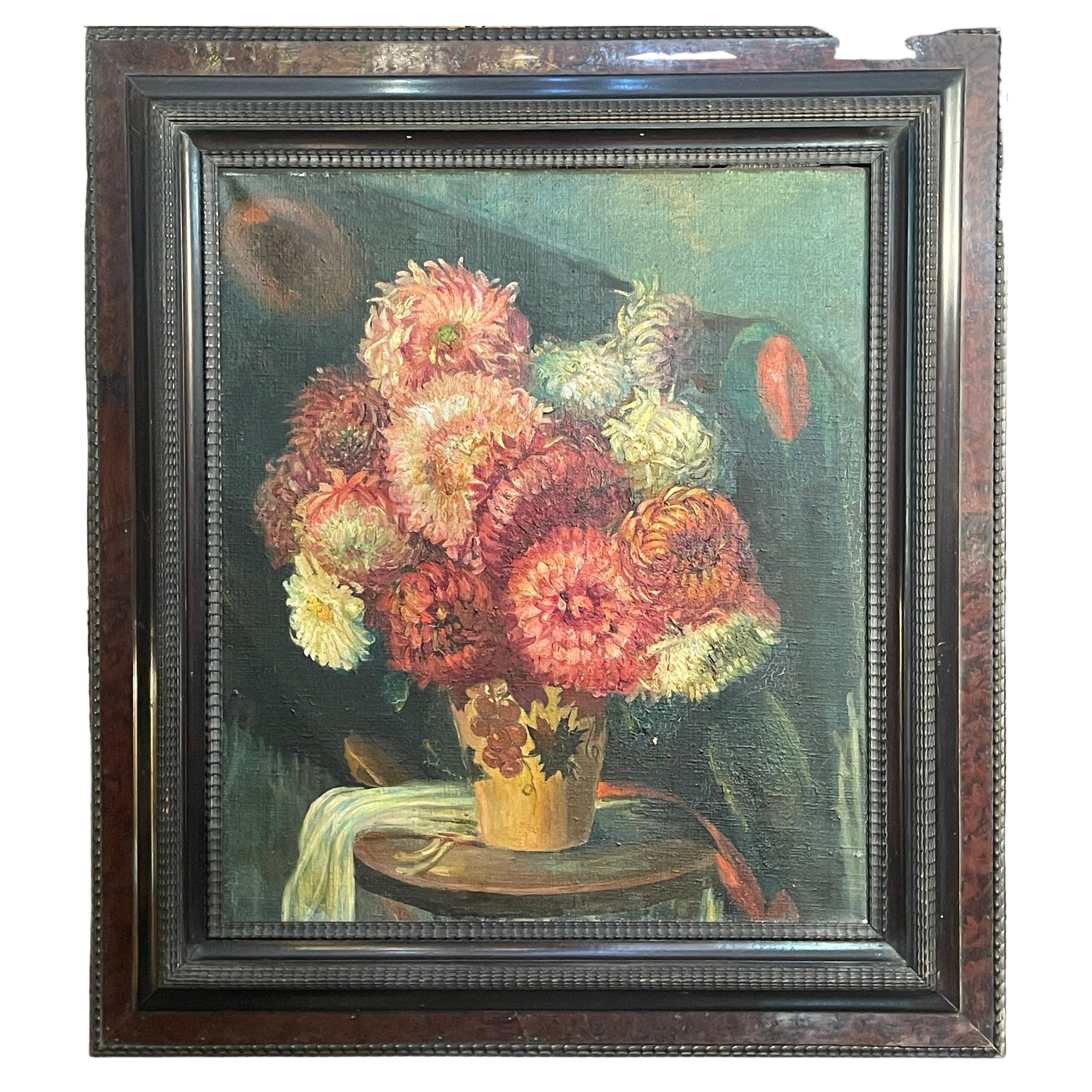 Peinture à l'huile sur toile, fin du 19e siècle, fleurs en vente