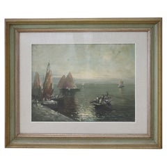 Peinture à l'huile sur toile Marina with Fishermen signée